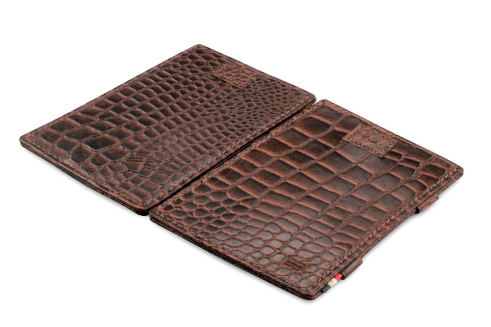 Front and back view of Cavare Magic Wallet Card Sleeve  in Croco Brown.