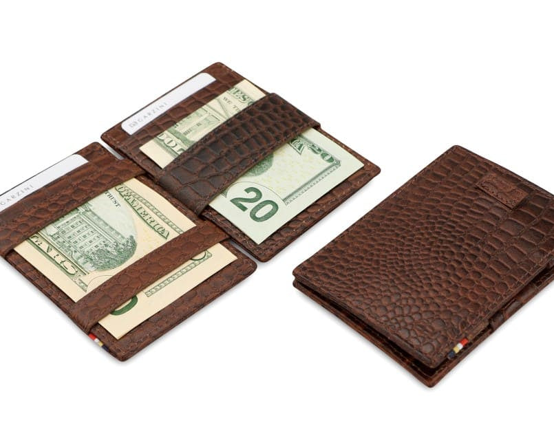 Front and open view of Cavare Magic Wallet Card Sleeve in Croco Brown with pull tab, and money straps.