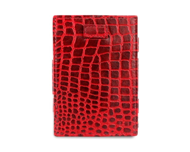 Front view of Cavare Magic Wallet Card Sleeve  in Croco Burgundy with pull tab.