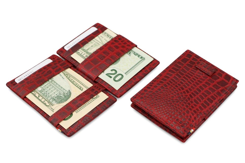 Front and open view of Cavare Magic Wallet Card Sleeve in Croco Burgundy with pull tab, and money straps.