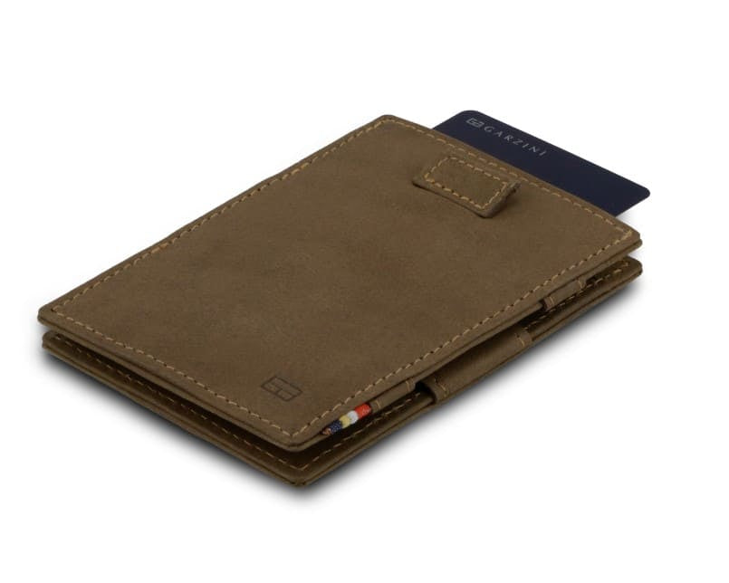 Front view of Cavare Magic Wallet Vintage in Java Brown with pull tab and card pulling out.