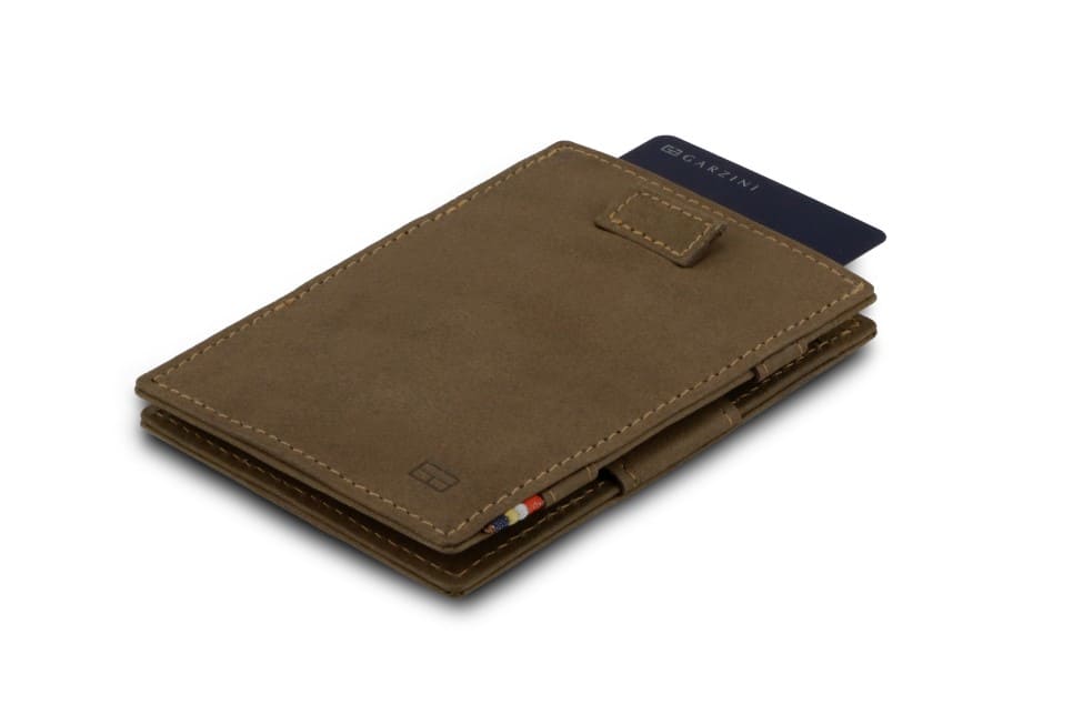 Front view of Cavare Magic Wallet Vintage in Java Brown with pull tab and card pulling out.