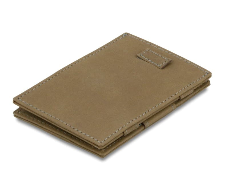 Front view of Cavare Magic Wallet Vintage in Metal Grey with pull tab.