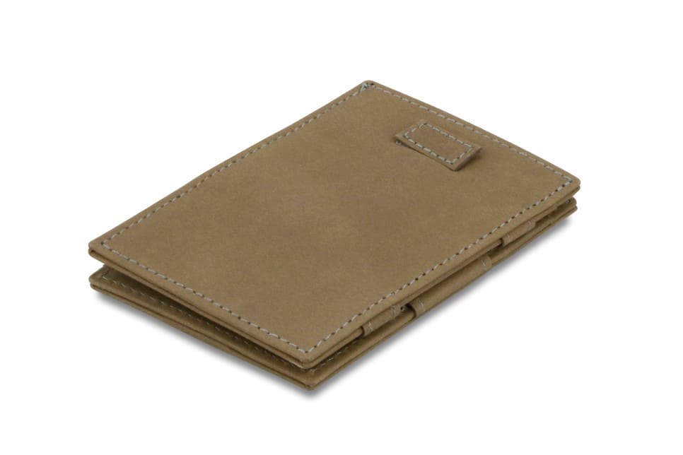 Front view of Cavare Magic Wallet Vintage in Metal Grey with pull tab.