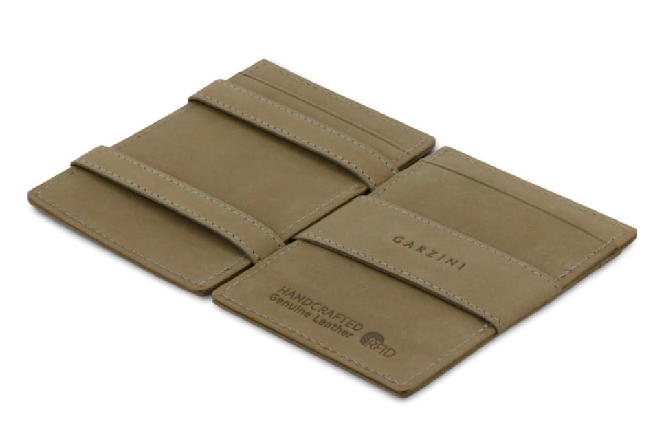 Open Cavare Magic Wallet Vintage in Metal Grey with pull tab, and money straps.