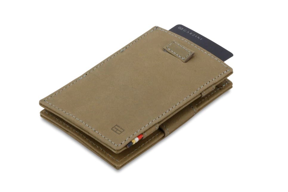 Front view of Cavare Magic Wallet Vintage in Metal Grey with pull tab and card pulling out.