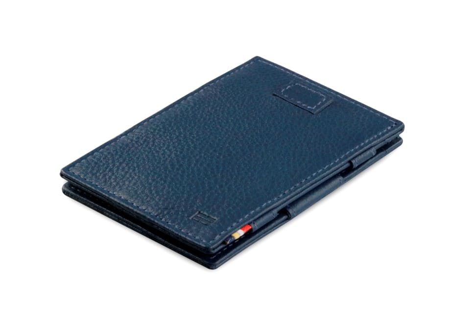 Front view of Cavare Magic Wallet Card Sleeve Nappa  in Navy Blue with pull tab.
