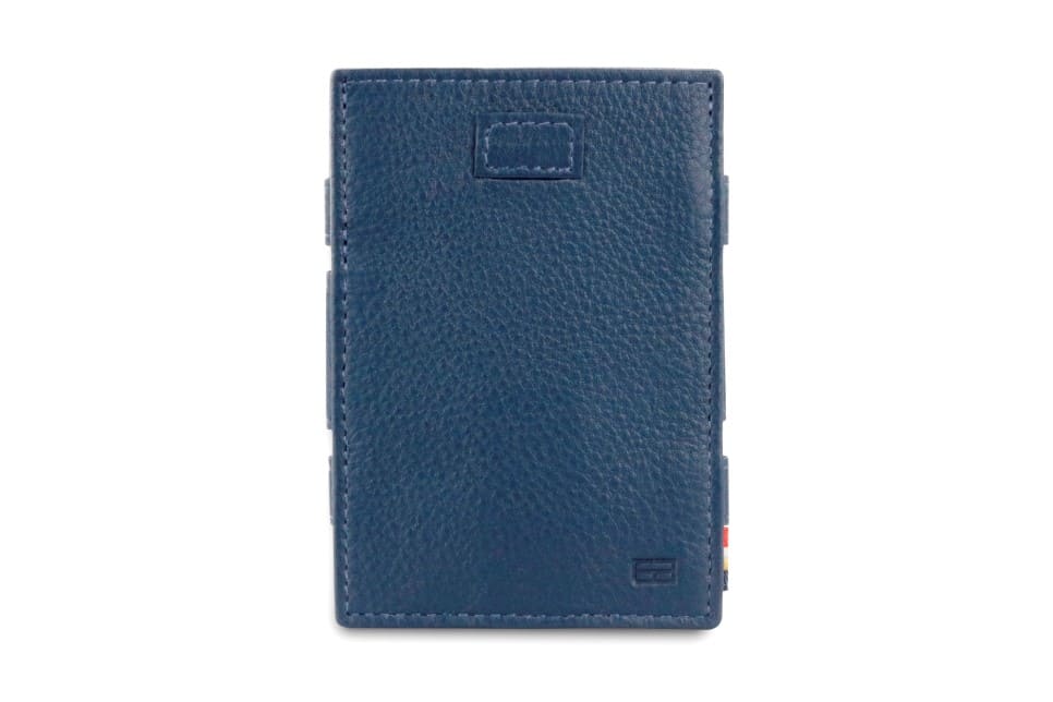 Front view of Cavare Magic Wallet Card Sleeve Nappa  in Navy Blue with pull tab.