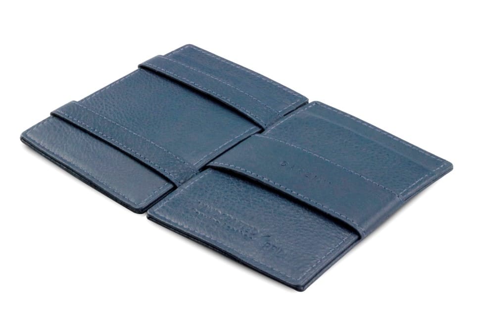 Open Cavare Magic Wallet Card Sleeve Nappa  in Navy Blue with pull tab, and money straps.