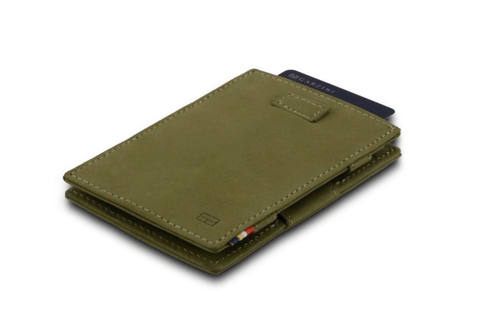 Front view of Cavare Magic Wallet Vintage in Olive Green with pull tab and card pulling out.