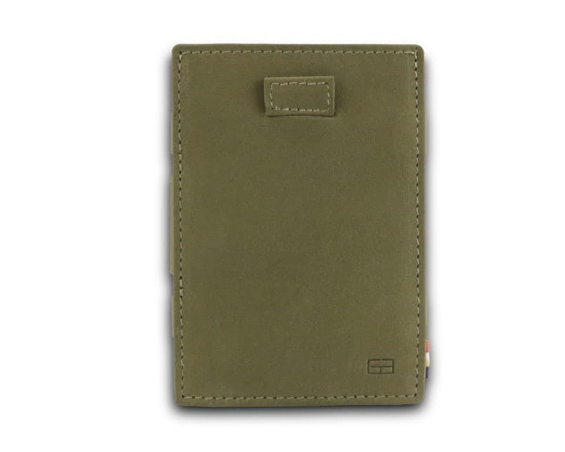 Front view of Cavare Magic Wallet Vintage in Olive Green with pull tab.