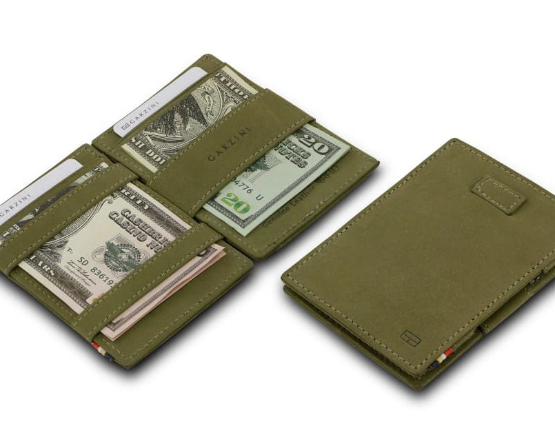 Front and open view of Cavare Magic Wallet in Olive Green with pull tab, and money straps.