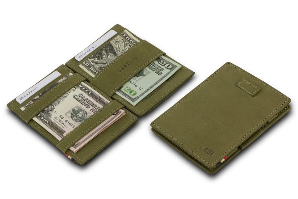 Front and open view of Cavare Magic Wallet in Olive Green with pull tab, and money straps.