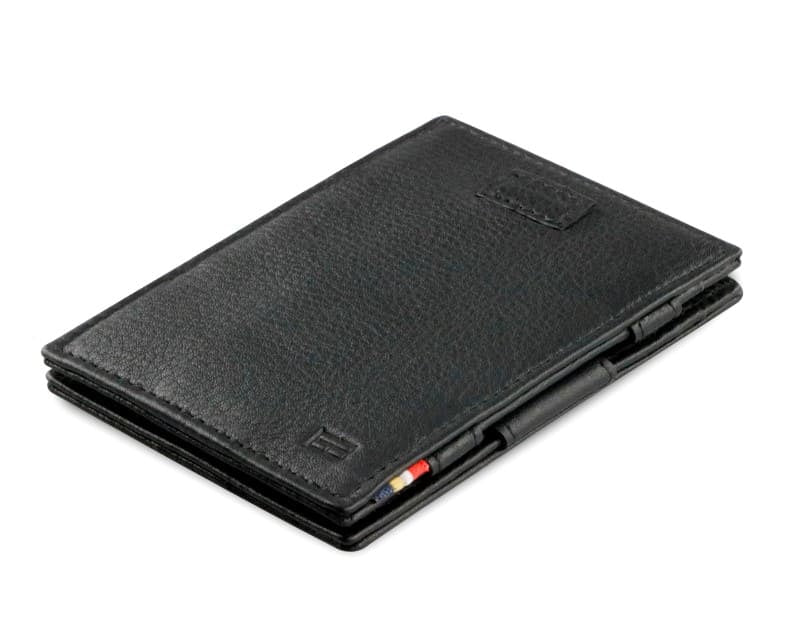 Front view of Cavare Magic Wallet Card Sleeve Nappa  in Raven Black with pull tab.
