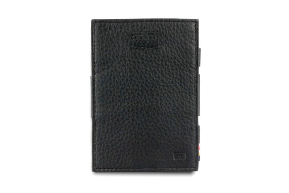 Front view of Cavare Magic Wallet Card Sleeve Nappa  in Raven Black with pull tab.