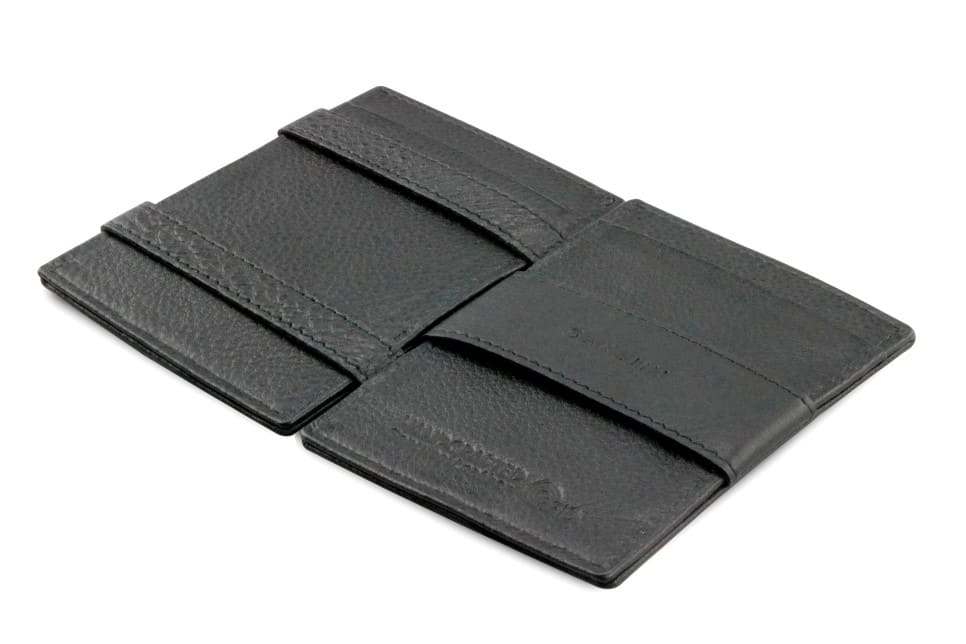 Open Cavare Magic Wallet Card Sleeve Nappa  in Raven Black with pull tab, and money straps.