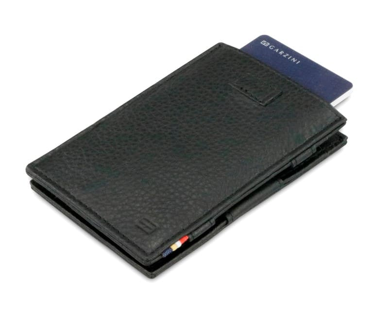 Front view of Cavare Magic Wallet Card Sleeve Nappa in Raven Black with pull tab and card pulling out.