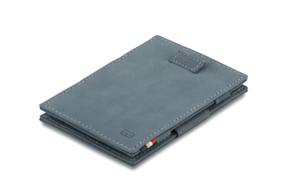 Front view of Cavare Magic Wallet Vintage in Sapphire Blue with pull tab.