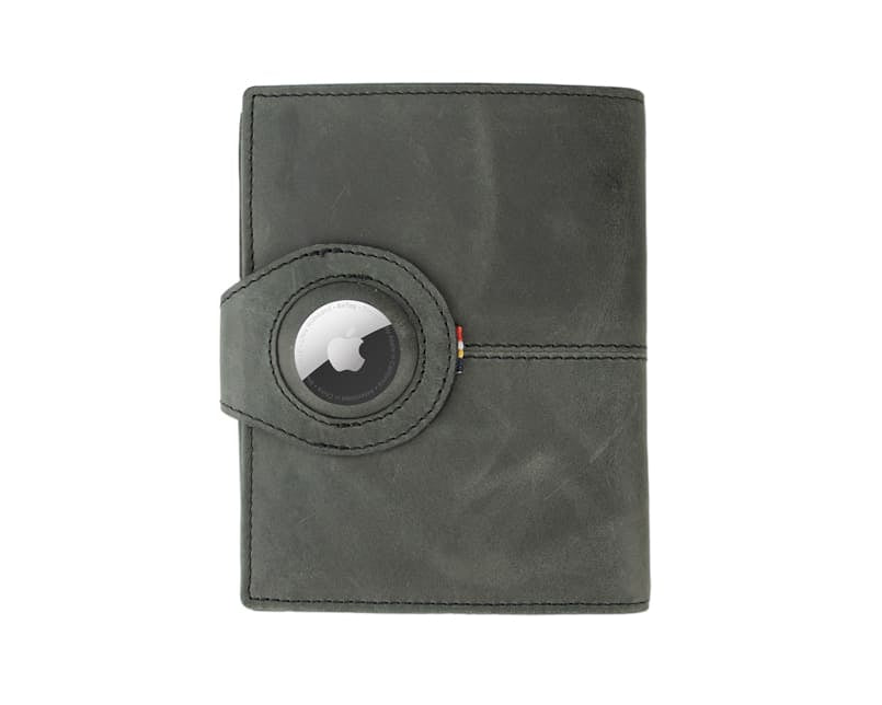 Backview with the AirTag of the AirTag Passport Holder in Brushed Brushed Black.