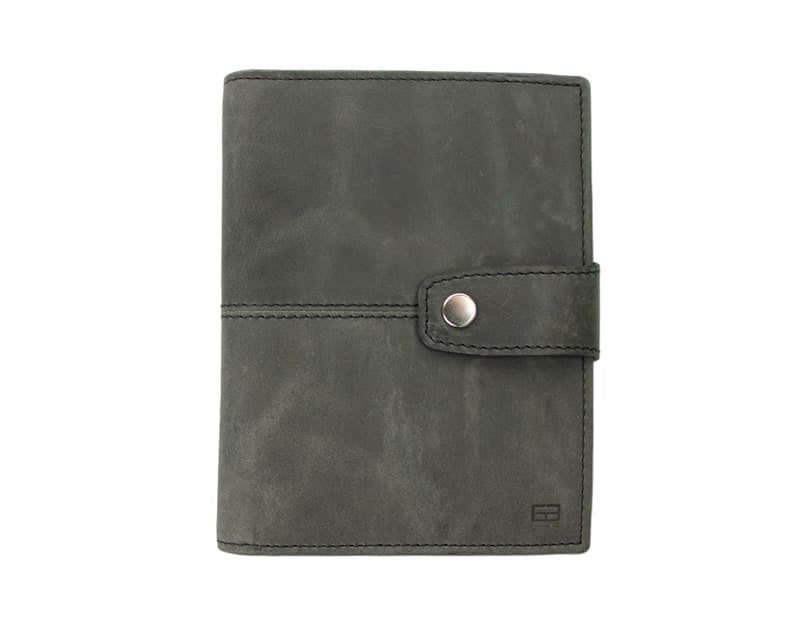 Frontview of the AirTag Passport Holder in Brushed Brushed Black.