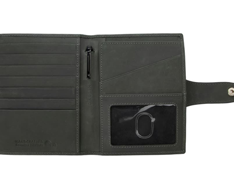 Open view of the AirTag Passport Holder in Brushed Brushed Black with no cards.