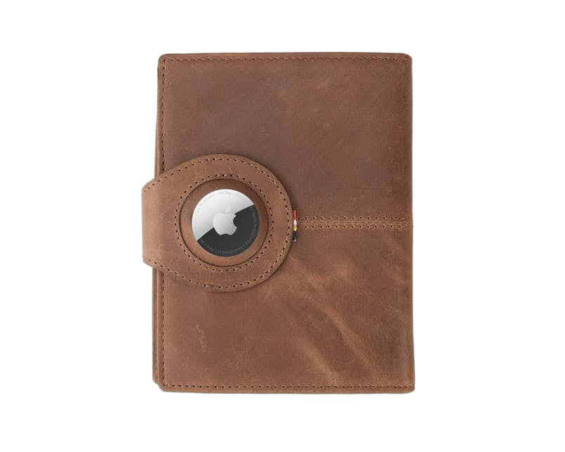 Backview with the AirTag of the AirTag Passport Holder in Brushed Brushed Brown.