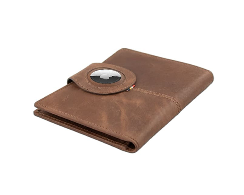 Backview sideways with AirTag of the AirTag Passport Holder in Brushed Brushed Brown.