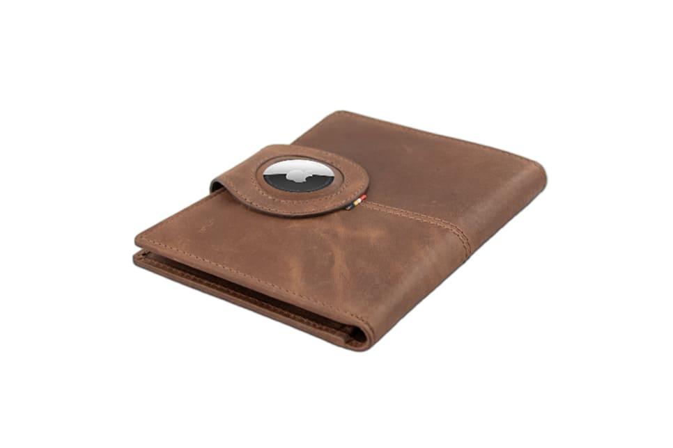 Backview sideways with AirTag of the AirTag Passport Holder in Brushed Brushed Brown.