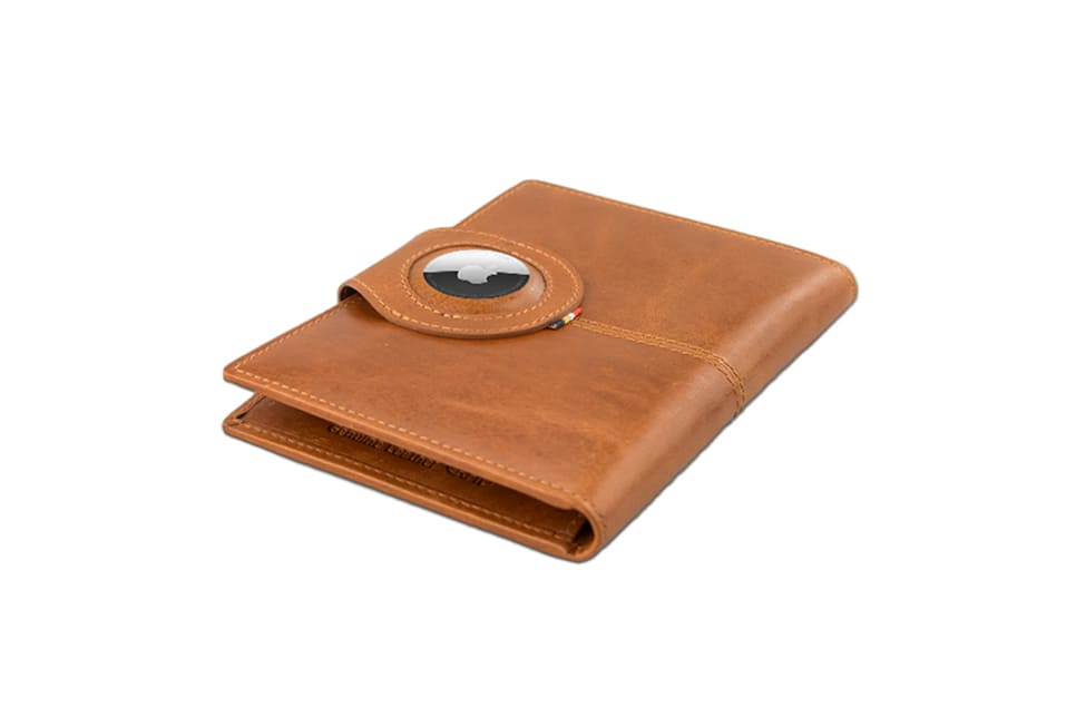Backview sideways with AirTag of the AirTag Passport Holder in Brushed Brushed Cognac.