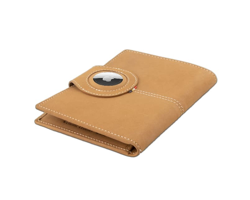Backview sideways with AirTag of the AirTag Passport Holder in Vintage Camel Brown.
