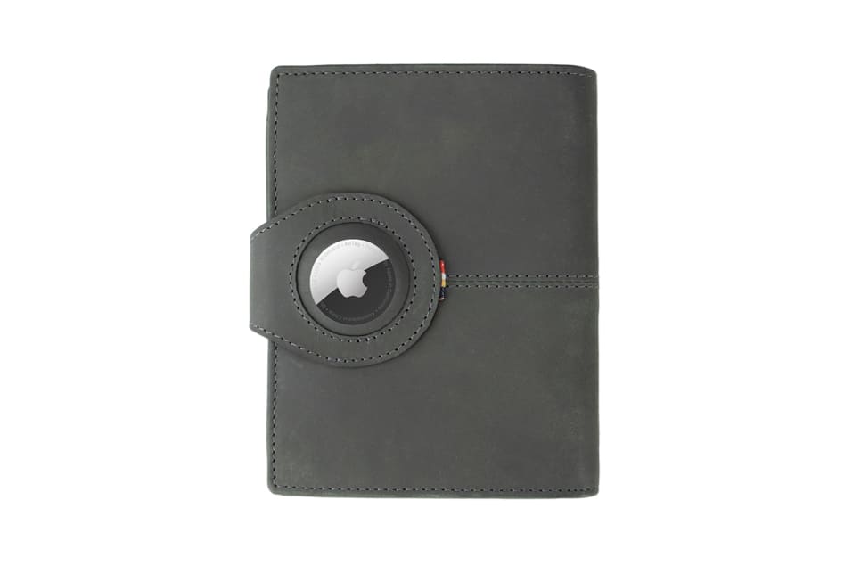 Backview with the AirTag of the AirTag Passport Holder in Vintage Carbon Black.