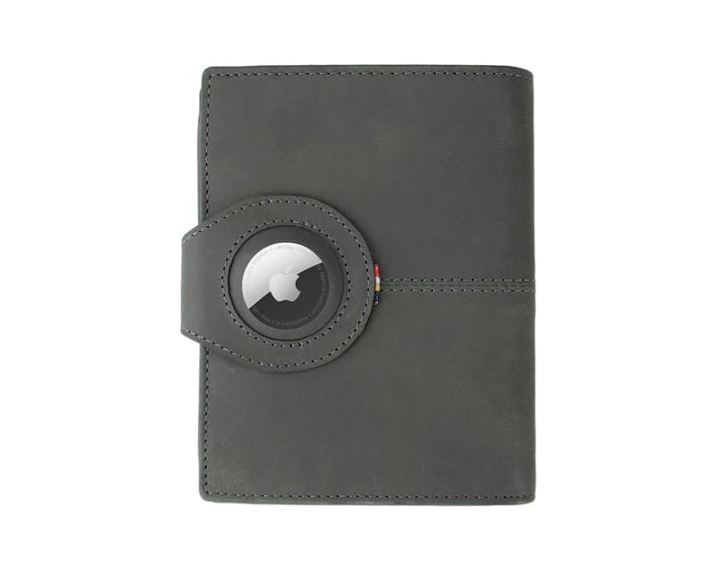 Backview with the AirTag of the AirTag Passport Holder in Vintage Carbon Black.