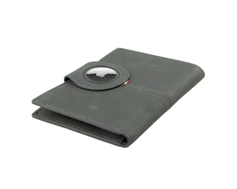 Backview sideways with AirTag of the AirTag Passport Holder in Vintage Carbon Black.