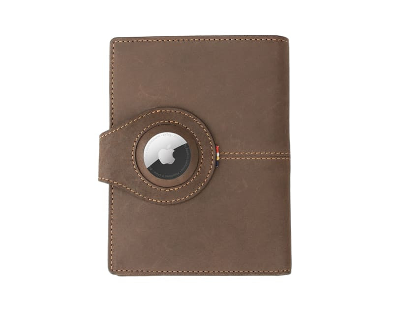 Backview with the AirTag of the AirTag Passport Holder in Vintage Java Brown.