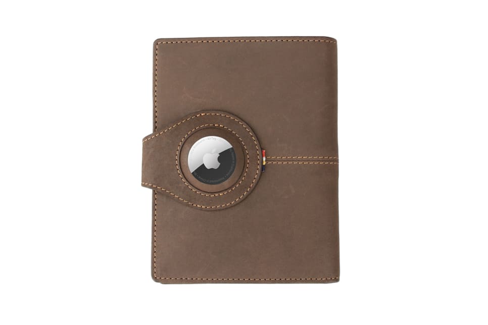 Backview with the AirTag of the AirTag Passport Holder in Vintage Java Brown.