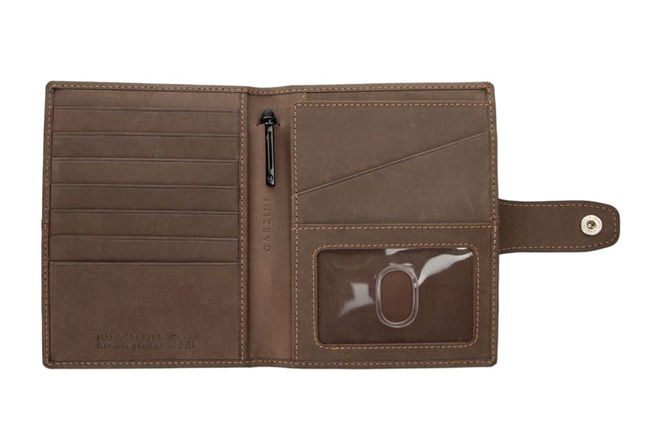Open view of the AirTag Passport Holder in Vintage Java Brown with no cards.