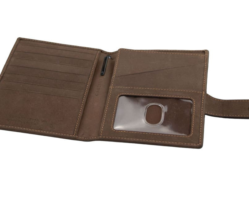 Open inside view with AirTag of the AirTag Passport Holder in Vintage Java Brown