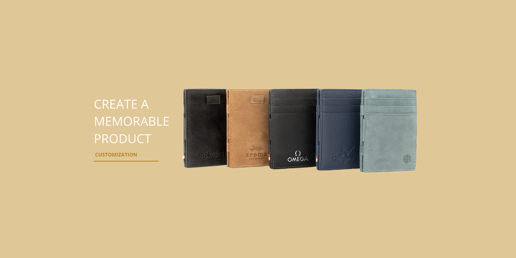 banner for the collaboration page with the text "create a memorable product" and "customization". and 5 wallets with brand logos: Omega, Breitling, Breguet