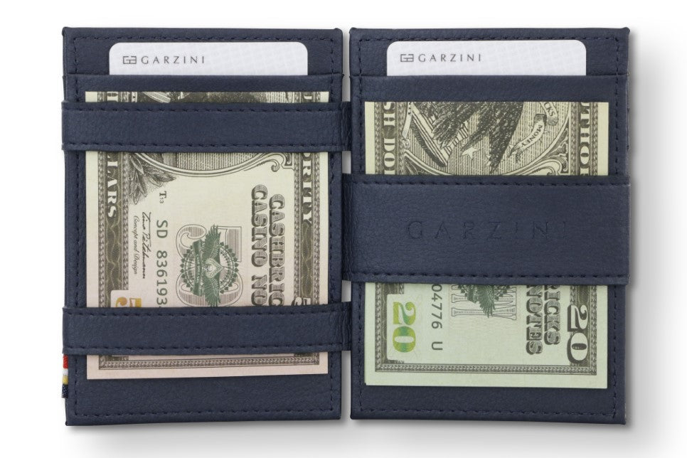 Open view of Essenziale Magic Wallet Vegan in Cactus Blue with money inside.
