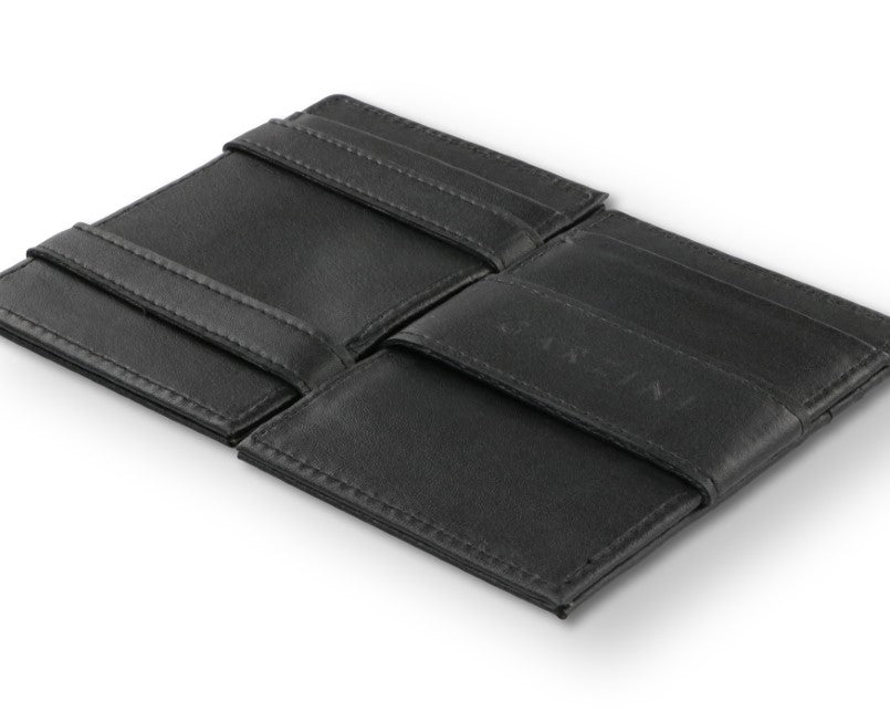 Open view of the Essenziale Magic Wallet Vegan in Cactus Black with the money strap to secure money.