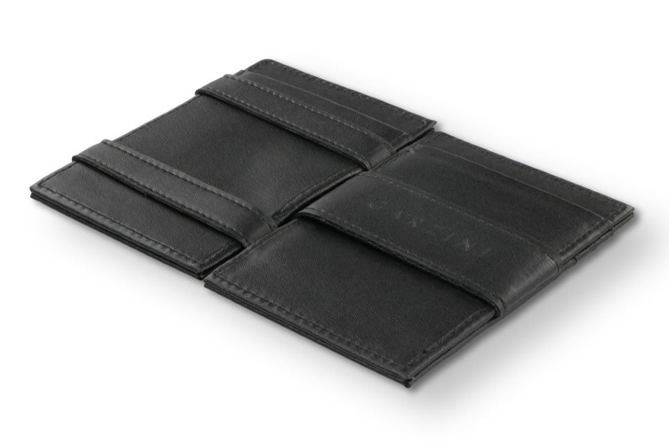 Open view of the Essenziale Magic Wallet Vegan in Cactus Black with the money strap to secure money.