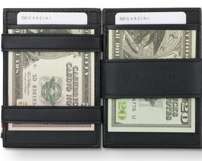 Open view of Essenziale Magic Wallet Vegan in Cactus Black with money inside.