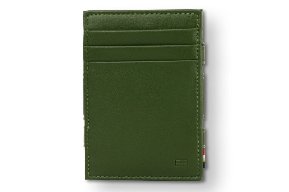 Front view of the Essenziale Magic Wallet Vegan in Cactus Green with 3 front card slots.