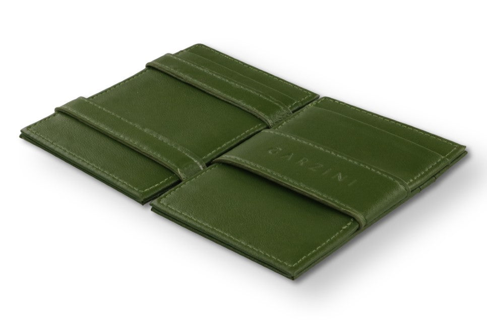 Open view of the Essenziale Magic Wallet Vegan in Cactus Green with the money strap to secure money.