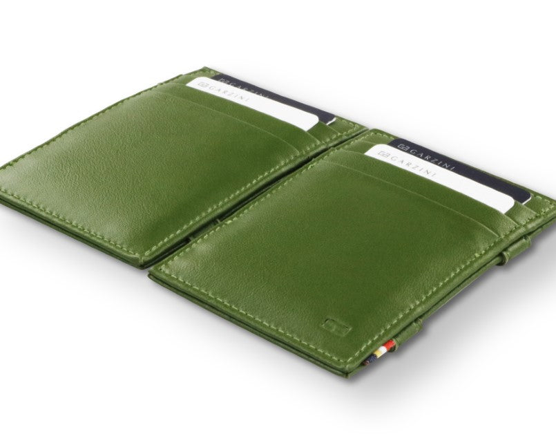 Front and back view of the Essenziale Magic Wallet Vegan in Cactus Green with 3 front card slots and 2 cards on each side.