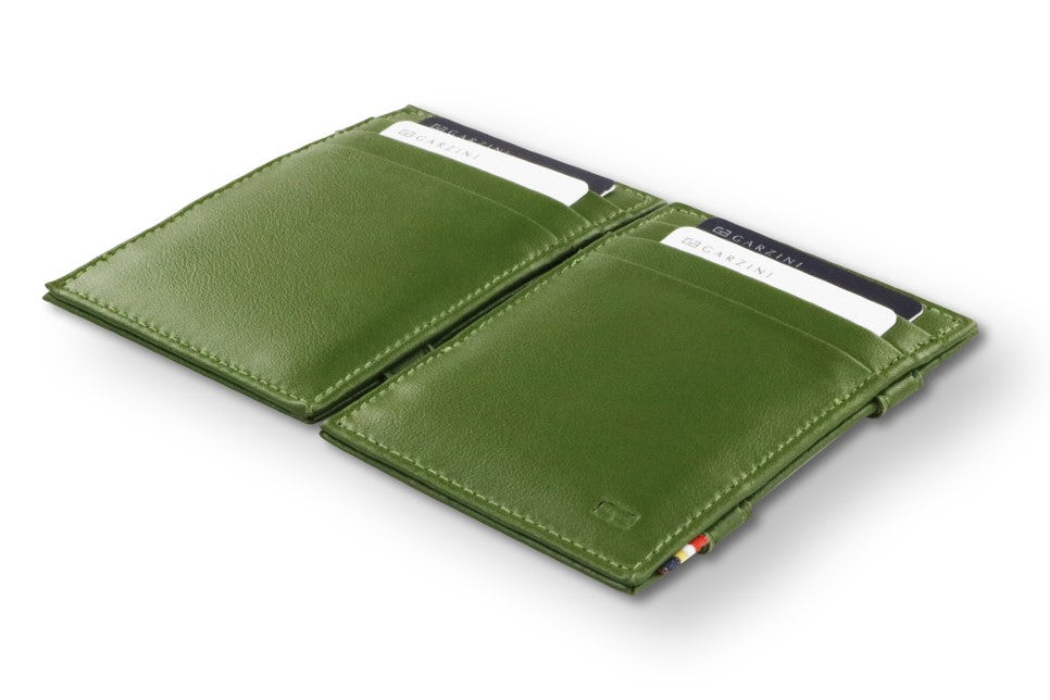 Front and back view of the Essenziale Magic Wallet Vegan in Cactus Green with 3 front card slots and 2 cards on each side.