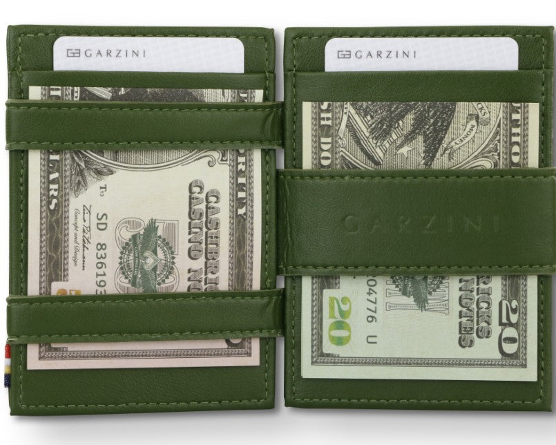 Open view of Essenziale Magic Wallet Vegan in Cactus Green with money inside.