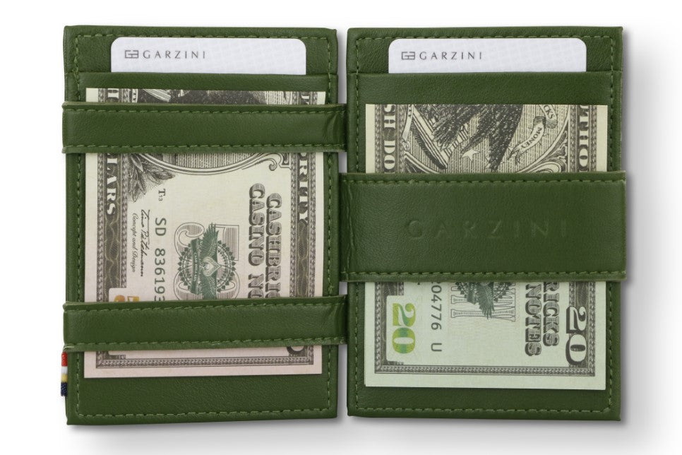 Open view of Essenziale Magic Wallet Vegan in Cactus Green with money inside.